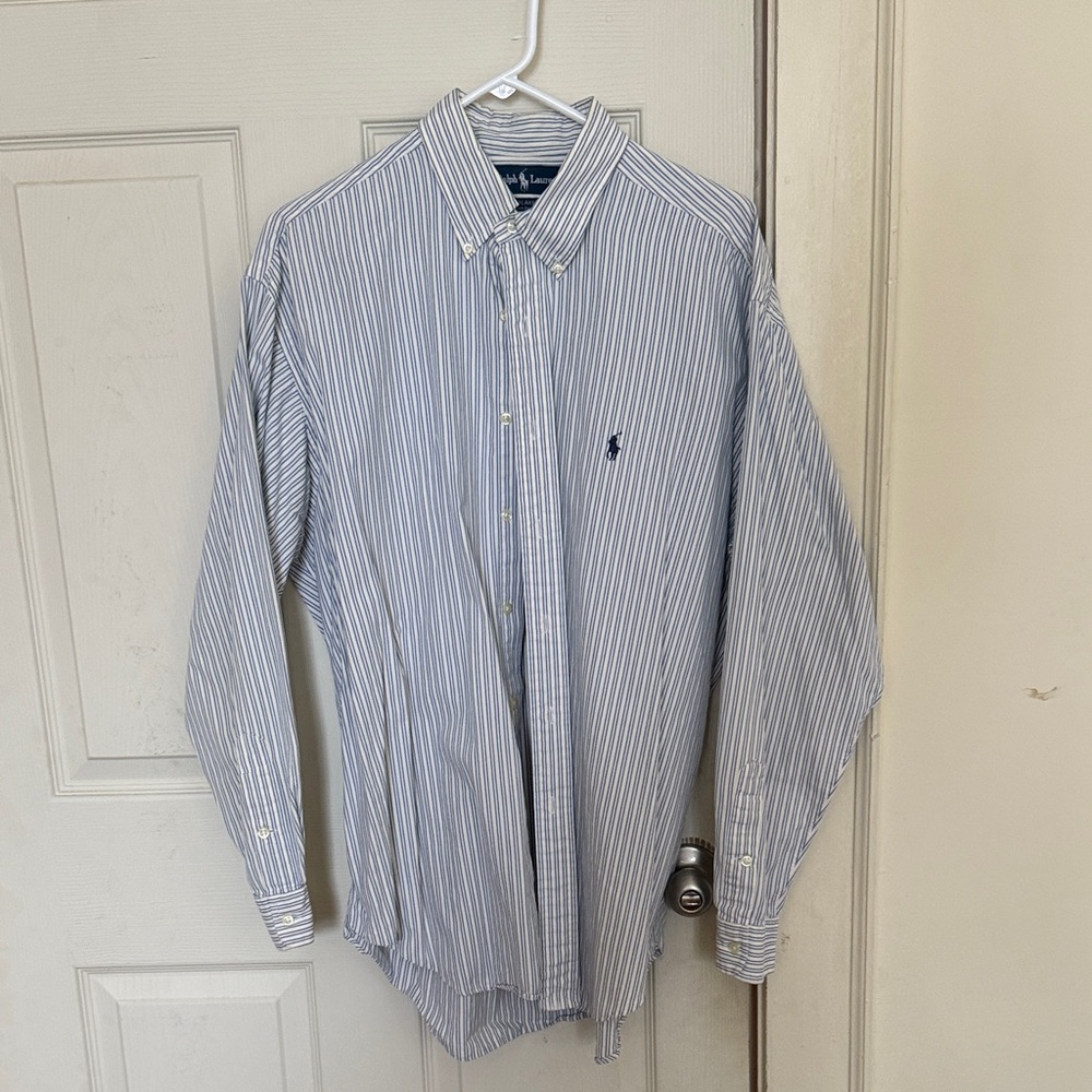 Ralph Lauren Men's White and Blue Striped Shirt